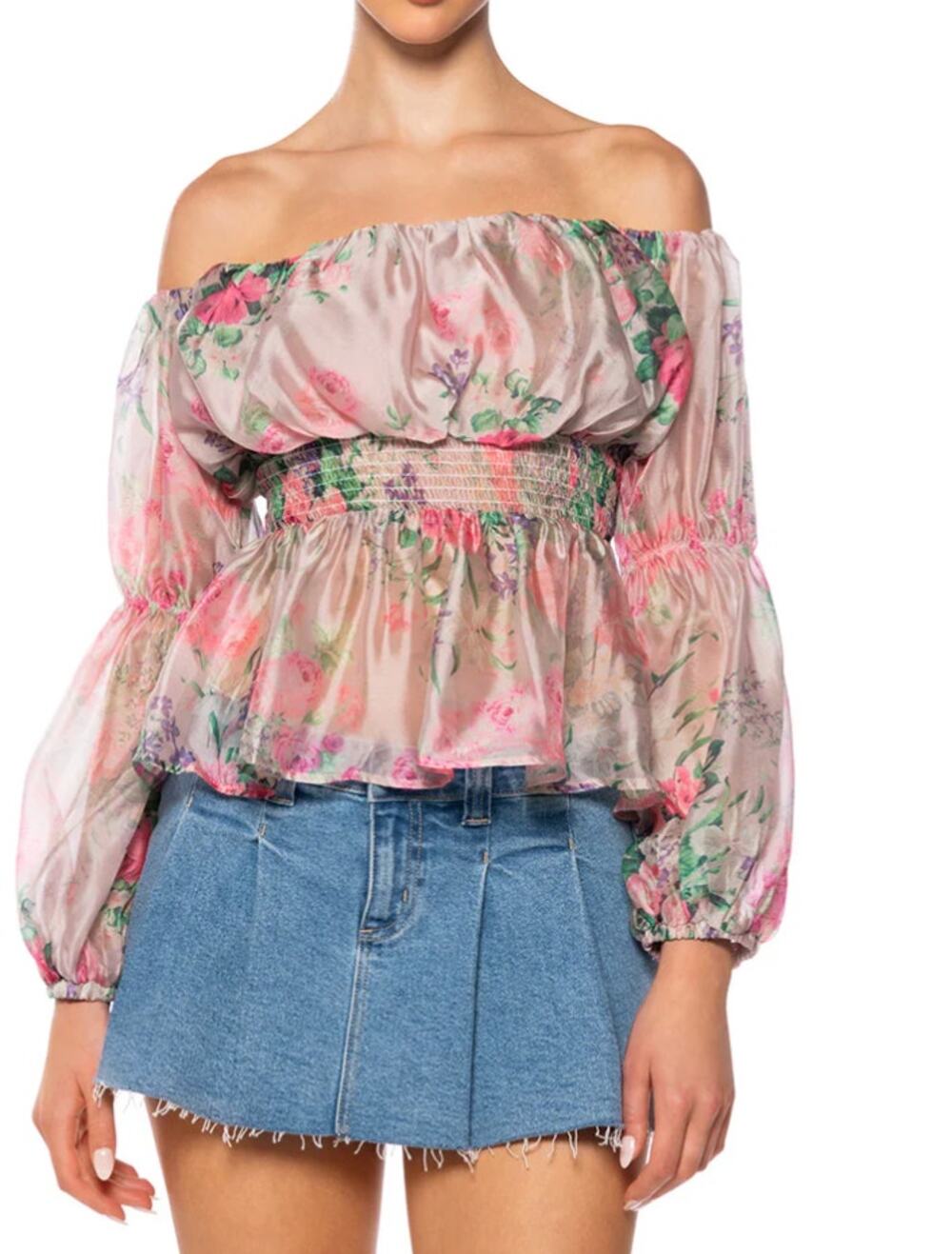 AKIRA Azura Pink Floral Ruffle Off-The-Shoulder Chiffon Cropped Blouse Top L